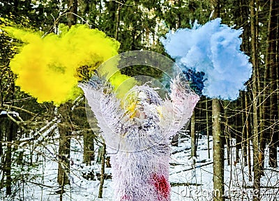 Yeti fairy tale character in winter forest. Outdoor fantasy photo. Stock Photo