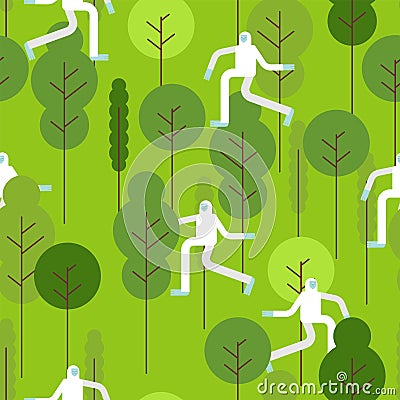 Yeti in forest pattern. Bigfoot walking in thicket. Snow man vector background. Sasquatch ornament Vector Illustration