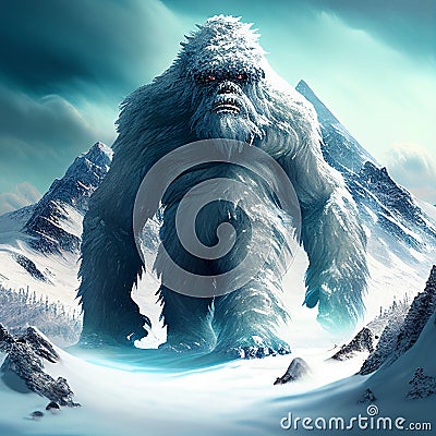 Yeti in the snow covered Himalaya mountains, mysterious furry creature walking in the frozen nature, Illustration Stock Photo