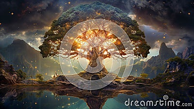 Yggdrasil Tree Of Life. World Tree. Viking Giant Tree Of Norse And Pagan Mythology. Generative AI Stock Photo