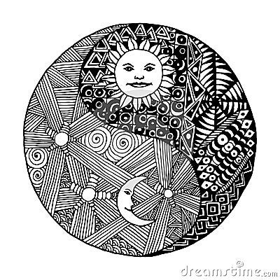 Yin yang doodle, zentangl, moon at night Vector Illustration