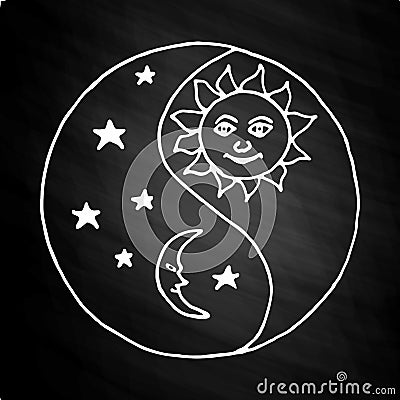 Yin yang moon at night on chalkboard Vector Illustration