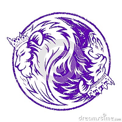 Yin Yang Rubber Stamp Purple Lion King And Queen Head Vector Illustration