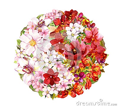 Yin yang sign with flowers. Floral form yinyang. Watercolor Stock Photo