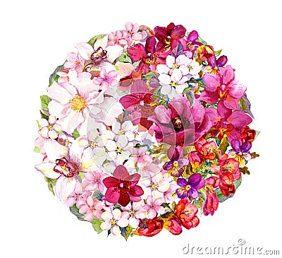 Yin yang symbol with flowers. Watercolor Stock Photo