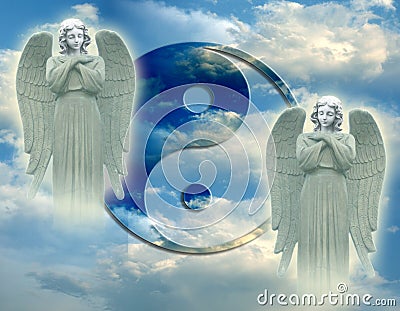 Yin yang symbol with two praying angels over beautiful sky Stock Photo