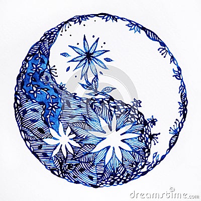 Yin yang symbol watercolor painting minimal design hand drawn pattern Cartoon Illustration