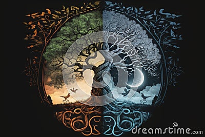 Ying yang concept of balance Yggdrasil tree of life norse mythology Cartoon Illustration