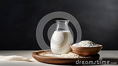 Milk And Whole Grains Of Rice On Wooden Plate - Stock Photo Stock Photo