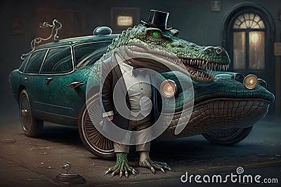 ylish, surreal, humorous, unexpected, quirky Crocodile in a suit: A whimsical addition to luxury car showrooms Stock Photo