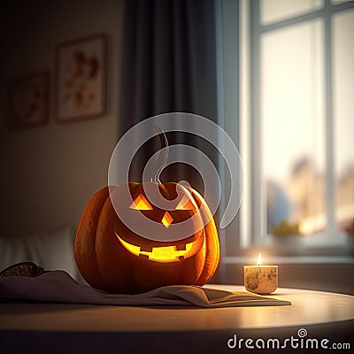 ymbol of Halloween orange pumpkin Jack-o-lantern. Scary head of pumpkin in hell fire flames. Glowing face Stock Photo