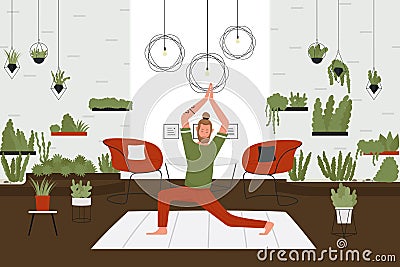 Yoga activity at home, cartoon man with beard doing yoga pranayama exercise, meditating Vector Illustration