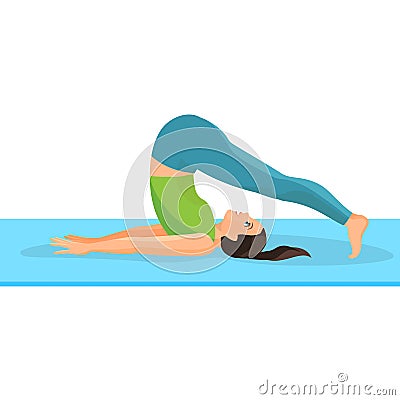 Yoga asana pose of girl lying on rug and taking her legs above head Vector Illustration
