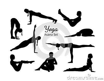 Yoga asana set with black woman silhouettes. Yogi girl full body training including core muscles, legs and arms. Sketch Vector Illustration