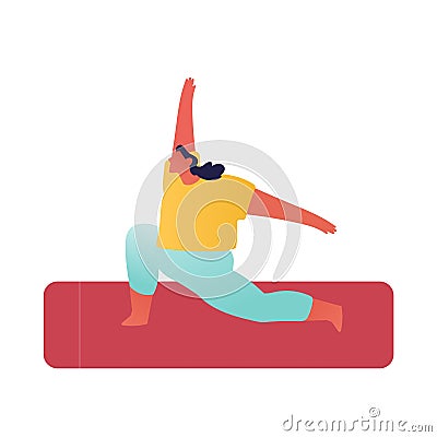 Yoga Asana. Young Sporty Woman Fat Figure Wearing Sports Wear Training. Female Character Doing Lunge Vector Illustration