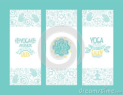 Yoga Ayurvedic Medicine Studio Banner Templates Set, Enjoy Yoga Meditation Studio Hand Drawn Vector Illustration Vector Illustration