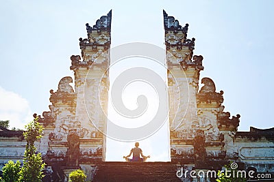 Yoga in Bali, meditation in the temple, spirituality Stock Photo