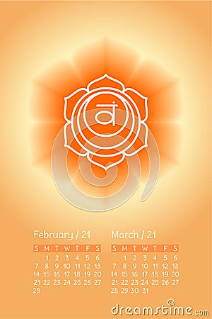 Yoga calendar Swadhisthana. February and March 2021. English calender template. Planning grid. Creative design. The second chakra Vector Illustration