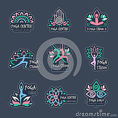 Yoga center. Badges templates for yoga studio recent vector spiritual or fitness classes symbols Stock Photo