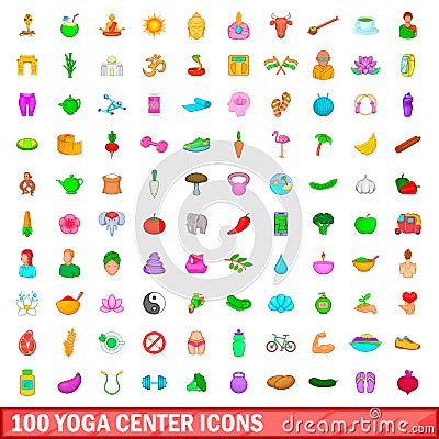 100 yoga center icons set, cartoon style Vector Illustration