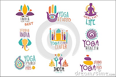 Yoga Center Set Of Colorful Promo Sign Design Templates With Different Indian Spiritual Symbols For Fitness Studio Vector Illustration