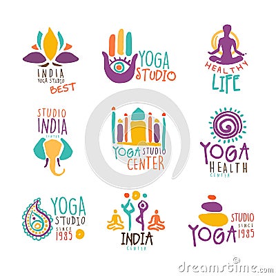 Yoga Center Set Of Colorful Promo Sign Design Templates With Different Indian Spiritual Symbols For Fitness Studio Vector Illustration