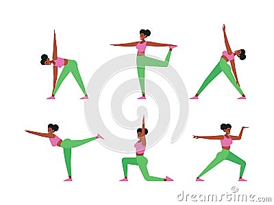 Yoga characters. Healthy lifestyle active female person in yoga poses sportive stretch fitness young people garish Vector Illustration