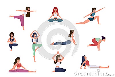 Yoga characters. Women doing yoga exercises, warming up and stretching various poses, meditation in gym. Healthy Vector Illustration