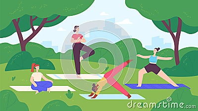 Yoga in city park. Group of women do exercise and meditation in nature landscape. Outdoor fitness lesson, healthy Vector Illustration