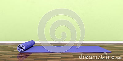 Yoga class equipment. Exercise mat on wooden floor, banner, copy space. 3d illustration Cartoon Illustration