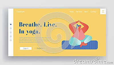 Yoga Class Practice Website Landing Page. Woman Meditating Sitting in Lotus Posture. Healthy Lifestyle, Relaxation Vector Illustration