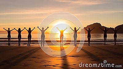 Yoga Class Practicing at Sunrise on Quiet Beach with Golden Hue. Generative Ai Stock Photo