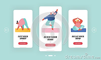 Yoga Class and Sport Activities Mobile App Page Onboard Screen Set. Yogi Women Fitness Workout in Different Pose Vector Illustration