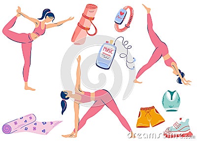 Yoga classes. Girls do yoga in different poses. Sport equipment, gym accessory, Yoga mat, sportswear, fitness bracelet and player Vector Illustration