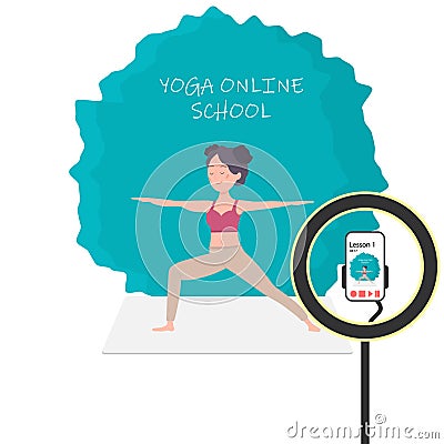 Yoga classes at home online. A cute girl leads a live broadcast of yoga lessons in an online yoga studio school. Yoga Vector Illustration