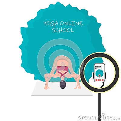 Yoga classes without leaving home. A cute girl leads a live broadcast of yoga lessons in an online yoga studio school Vector Illustration