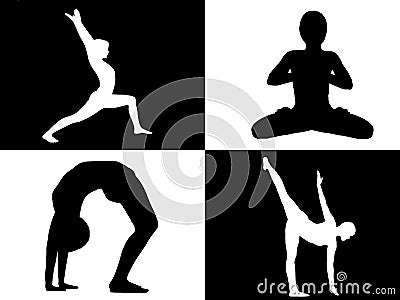 Yoga collage , young fit girl practicing yoga in four black and white squares Stock Photo