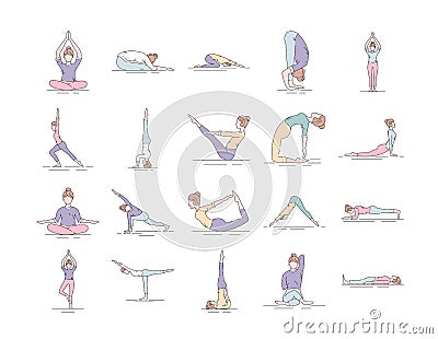 Yoga color line icons set. Different yoga poses and asanas. Pictogram for web page, mobile app, promo. UI UX GUI design element. Vector Illustration