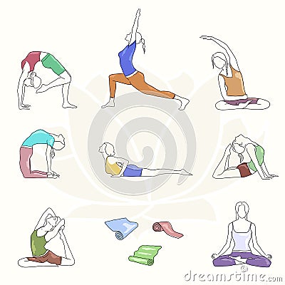 Yoga colorful poses set. Line illustration. Woman postures Vector Illustration