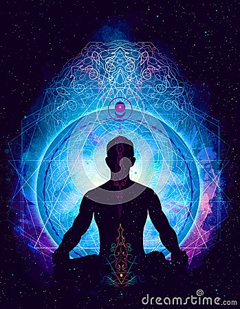 Yoga cosmic space meditation, Cartoon Illustration