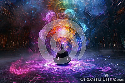 Yoga cosmic space meditation. Visualization Of Bright Energy Accumulating Stock Photo