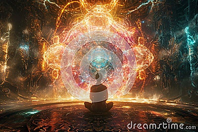 Yoga cosmic space meditation. Visualization Of Bright Energy Accumulating Stock Photo
