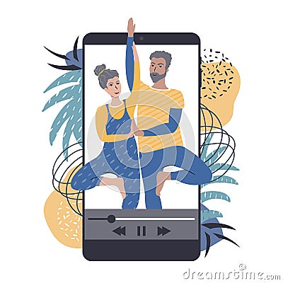 yoga for couples in a mobile app Vector Illustration