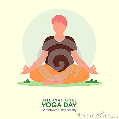 21 June International Yoga Day banner or poster with plus size woman in meditation yoga poses on greensward. Vector Illustration