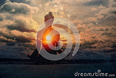 Yoga day concept. Multiple exposure image. Clouds and sun. Pranayama in lotus asana. Stock Photo