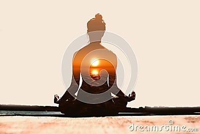 Yoga day concept. Multiple exposure image. Woman practicing yoga at sunset. Stock Photo