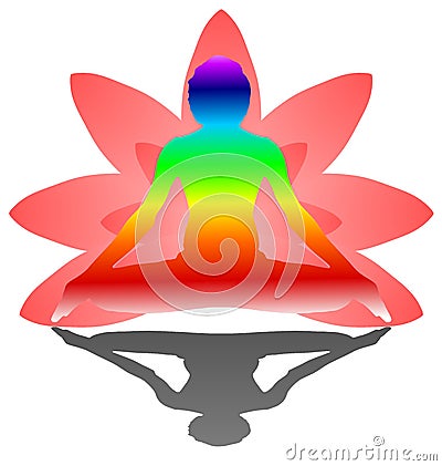 Yoga Day meditation padmasana pose banner with seven aura energy Chakra against pink lotus petals gradient vector on white Vector Illustration