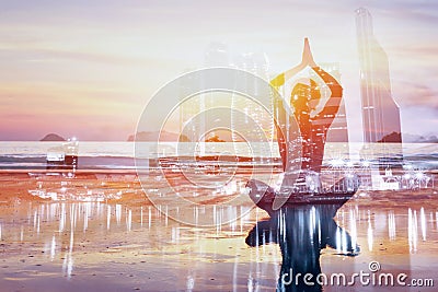 Yoga double exposure background, healthy lifestyle Stock Photo