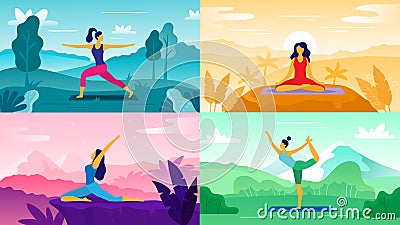 Yoga exercise on nature. Relax outdoors exercises, healthcare fitness and healthy lifestyle. Yoga poses flat vector illustration Vector Illustration