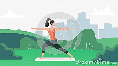 Yoga exercise on nature. Woman doing sport outdoor on mat. Young female character practicing yoga poses on green lawn Vector Illustration